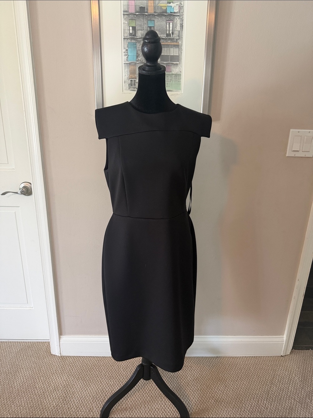 Calvin Klein Black Midi Sheath Dress with Structured Neckline